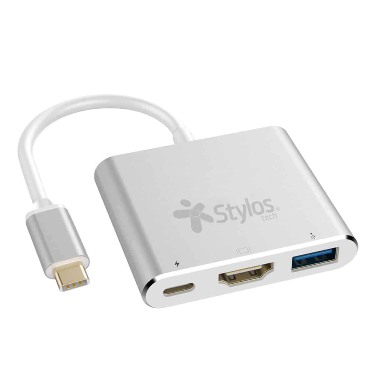 ADAPTADOR STYLOS (STCBHUB31S) HUB 3 EN 1, USB C A HDMI+USB 3.0+USB TIPO C, GRIS